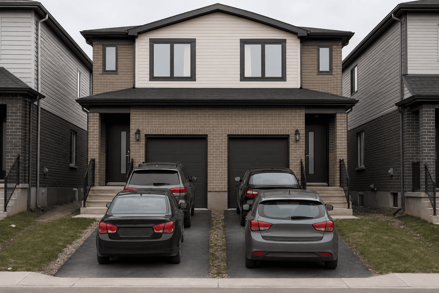 Cars parked in tandem in the narrow driveway of a side-by-side duplex in Palisades Park, New Jersey