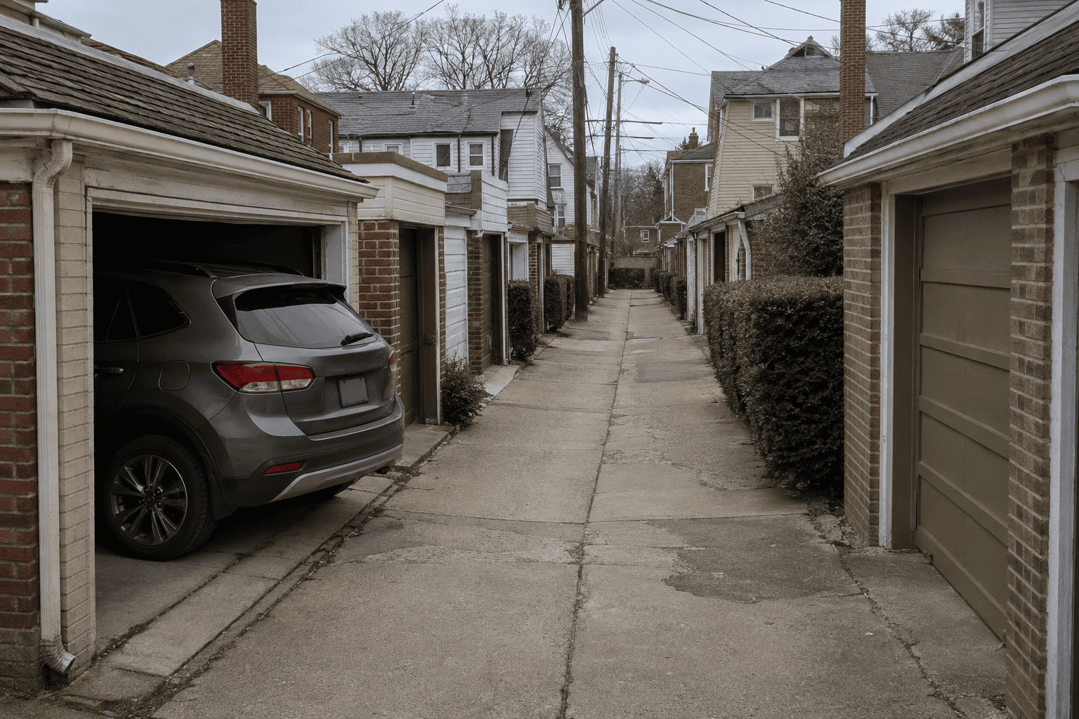 A narrow rear service lane in Radburn, Fair Lawn, with cars parked at the back-facing garages of 1929 houses